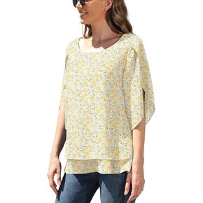 Jouica Women's Fall 3/4 Sleeve Tops Lined Flowy Chiffon Blouse Scoop Neck Shirt for Women