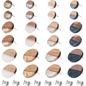 FASHEWELRY 15 Pairs Resin Wood Earrings Posts Flat Round Wooden Earring Blanks Stud Wooden Earring Pin Studs with Earring Back for Dangle Earring Jewelry Making