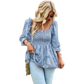 Women's Blouses with Square Neck Chiffon Floral 3/4 Sleeves Babydoll Tunic Shirt Smocked Peplum Tops