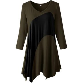 LARACE Color Block 3/4 Sleeves Tops for Women Plus Size Tunic Boho Clothes V-Neck Flattering Handkerchief Tee Shirt