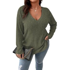 بلوزات Koscacy للسيدات مقاس كبير وخفيفة الوزن وأكمام طويلة سترة متماسكة غير رسمية برقبة على شكل حرف V وبلوزات بلون واحد in Kuwait