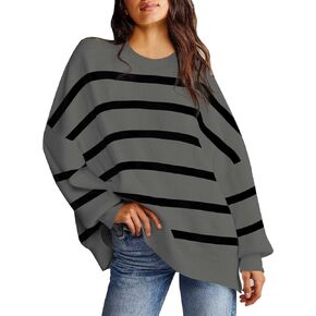 Pink Queen Women's Fall Oversized Striped Sweater Crew Neck Batwing Long Sleeve Ribbed Knit Pullover Jumper Tops