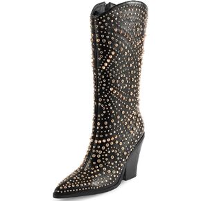 iiimmu Womens Boots Pointed Toe and Chunky Heel Boots for Women Luxurious Studded Boots Tall Boots with Metallic Rivets, White/Black Size US 5-12