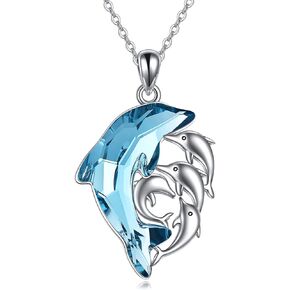 POPKIMI Dolphin Gifts for Women 925 Sterling Silver Dolphin Necklace Dolphin Mother and 1 Children/2 Children/3 Children/4 Children Dolphins Necklace Pendant with Blue Dolphin Crystal Beach Themes Dolphin Birthday Gifts for Women Wife Mom New Mom To Be