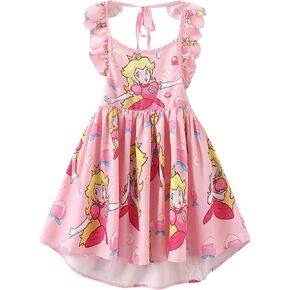 Princess Peach Dress Costume Girls Kids Cartoon Ruffle Sleeve Summer Outfit Birthday Party Gift Toy in Kuwait
