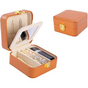 Direllux PU Leather Travel Jewelry Organizer Box Small Fashion Jewelry Organizer with Mirror Mini Travel Jewelry Storage Case Accessories for Women Girls Gift for Festival Brown/White