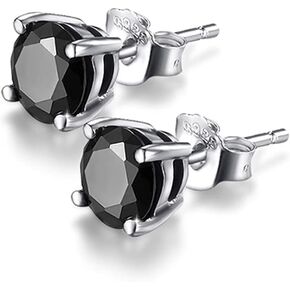 Solitaire Round Black Onyx 925 Sterling Silver Stud Earrings Platinum Plated Fine Jewelry for Girls Women