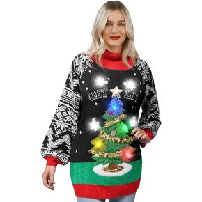 JOYIN Women's Christmas Tree Ugly Long Sweater LED Light Up Xmas Sweater Built-in Light Bulbs Novelty Pullover for Party