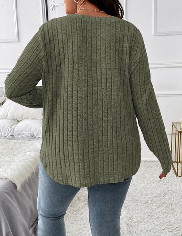 بلوزات Koscacy للسيدات مقاس كبير وخفيفة الوزن وأكمام طويلة سترة متماسكة غير رسمية برقبة على شكل حرف V وبلوزات بلون واحد in Kuwait