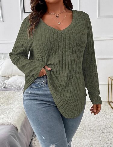 بلوزات Koscacy للسيدات مقاس كبير وخفيفة الوزن وأكمام طويلة سترة متماسكة غير رسمية برقبة على شكل حرف V وبلوزات بلون واحد in Kuwait