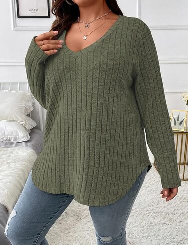 بلوزات Koscacy للسيدات مقاس كبير وخفيفة الوزن وأكمام طويلة سترة متماسكة غير رسمية برقبة على شكل حرف V وبلوزات بلون واحد in Kuwait