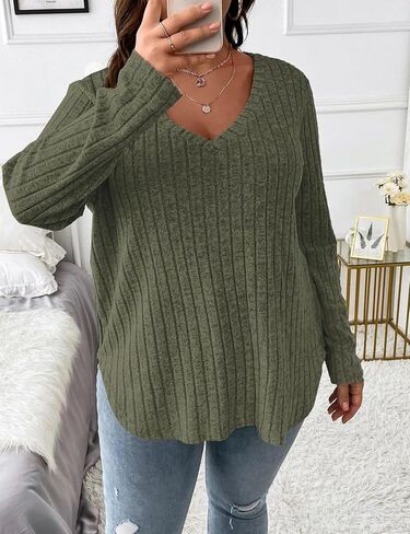 بلوزات Koscacy للسيدات مقاس كبير وخفيفة الوزن وأكمام طويلة سترة متماسكة غير رسمية برقبة على شكل حرف V وبلوزات بلون واحد in Kuwait