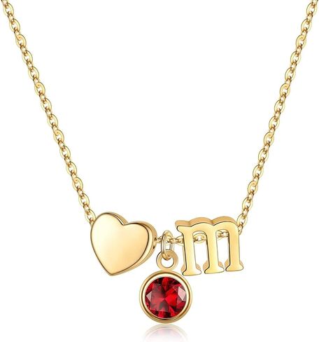 Initial Birthstone Necklace for Women Girls, 14K Gold Plated Heart Initial Necklace Birthstone Necklace Heart Initial Birthstone Pendant Necklace Family Birthstone Necklace Birthday Gifts for Women in Kuwait