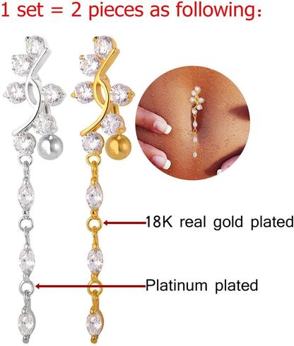 U7 Belly Rings 18K Gold Platinum Plated Sexy Beach Wear Navel Ring 14G Cubic Zirconia Dangle Leaf Flower Belly Button Rings for Women Girls in Saudi Arabia