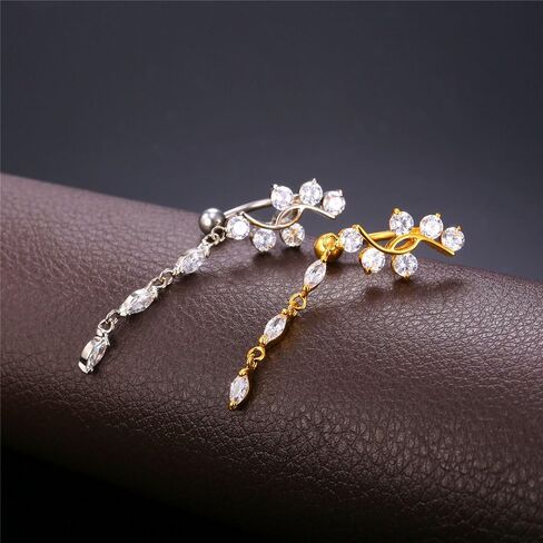 U7 Belly Rings 18K Gold Platinum Plated Sexy Beach Wear Navel Ring 14G Cubic Zirconia Dangle Leaf Flower Belly Button Rings for Women Girls in Saudi Arabia