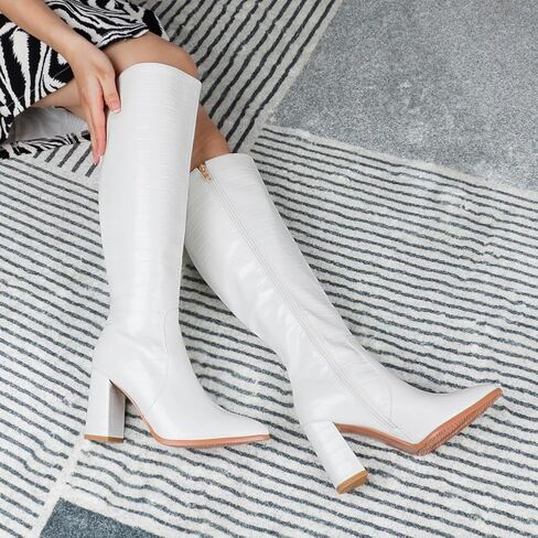 MERUMOTE Women's Knee Boots Closed Toe Chunky Heels Side Zipper Boots in Saudi Arabia