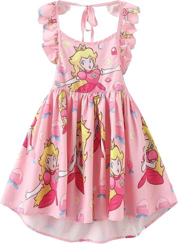 Princess Peach Dress Costume Girls Kids Cartoon Ruffle Sleeve Summer Outfit Birthday Party Gift Toy in Kuwait
