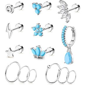 LOLIAS 16G Surgical Steel Cartilage Earring Flat Back Stud Earrings for Sensitive Ears Hypoallergenic Turquoise Stud Hoop Cartilage Helix Conch Tragus Piercing Jewelry in Saudi Arabia