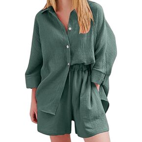 GIVNUAN Women's Two Piece Shirt Set Short Sleeve Summer Casual Linen Shirt Elastic Waist Short Sets Outfit in Saudi Arabia