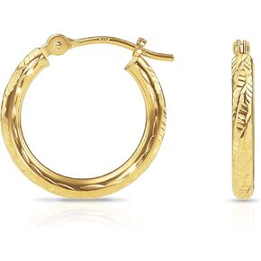 14k Yellow Gold Hand Engraved Diamond-cut Round Hoop Earrings