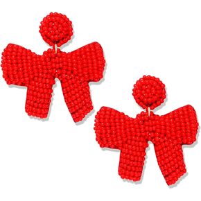 Christmas Earrings Beaded Xmas Bow Earring for Women Handmade Red Green Holiday Bow Drop Dangle Earrings Festive Jewelry Gifts