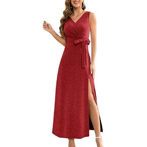 LYANER Women’s Elegant Wrap V Neck Sparkly Glitter High Waist Belt Sleeveless Split Maxi Party Dress in Kuwait
