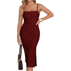 KIFOVEN Women's Spaghetti Straps Sleeveless Ruched Split Hem Bodycon Party Midi Dress