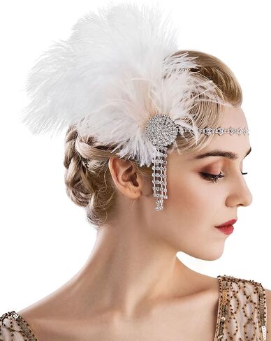 عصابة رأس SWEETV Flapper من العشرينيات من القرن الماضي، إكسسوارات للشعر من ريش حجر الراين العظيم من العشرينيات من القرن العشرين، باللون الأبيض in Saudi Arabia