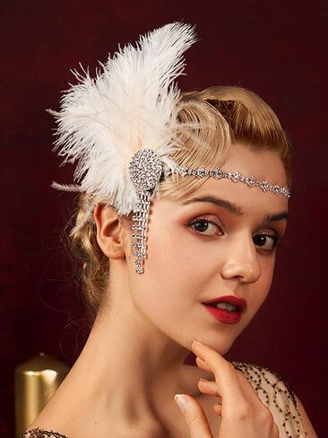 عصابة رأس SWEETV Flapper من العشرينيات من القرن الماضي، إكسسوارات للشعر من ريش حجر الراين العظيم من العشرينيات من القرن العشرين، باللون الأبيض in Saudi Arabia