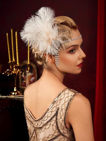 عصابة رأس SWEETV Flapper من العشرينيات من القرن الماضي، إكسسوارات للشعر من ريش حجر الراين العظيم من العشرينيات من القرن العشرين، باللون الأبيض in Saudi Arabia