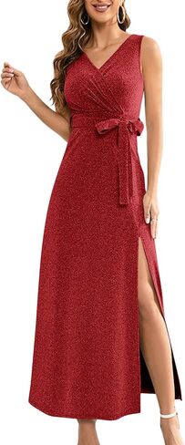 LYANER Women’s Elegant Wrap V Neck Sparkly Glitter High Waist Belt Sleeveless Split Maxi Party Dress in Kuwait
