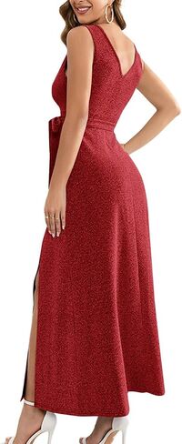 LYANER Women’s Elegant Wrap V Neck Sparkly Glitter High Waist Belt Sleeveless Split Maxi Party Dress in Kuwait