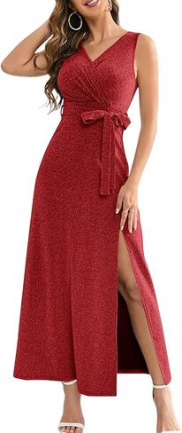 LYANER Women’s Elegant Wrap V Neck Sparkly Glitter High Waist Belt Sleeveless Split Maxi Party Dress in Kuwait