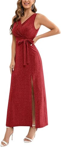 LYANER Women’s Elegant Wrap V Neck Sparkly Glitter High Waist Belt Sleeveless Split Maxi Party Dress in Kuwait