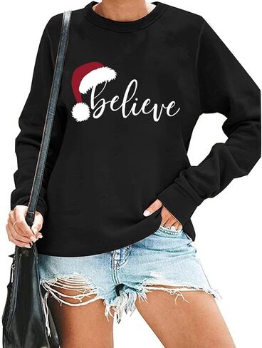 RFBIQI عيد الميلاد نعتقد البلوز المرأة لطيف سانتا قبعة الجرافيك البلوز القمم رسالة طباعة كم طويل عادية عطلة قميص in Kuwait