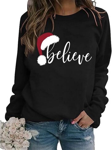 RFBIQI عيد الميلاد نعتقد البلوز المرأة لطيف سانتا قبعة الجرافيك البلوز القمم رسالة طباعة كم طويل عادية عطلة قميص in Kuwait