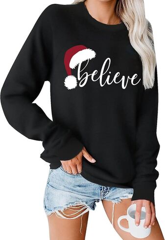 RFBIQI عيد الميلاد نعتقد البلوز المرأة لطيف سانتا قبعة الجرافيك البلوز القمم رسالة طباعة كم طويل عادية عطلة قميص in Kuwait