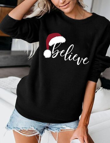RFBIQI عيد الميلاد نعتقد البلوز المرأة لطيف سانتا قبعة الجرافيك البلوز القمم رسالة طباعة كم طويل عادية عطلة قميص in Kuwait