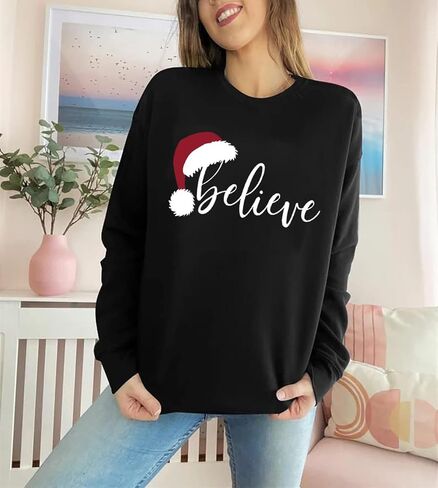 RFBIQI عيد الميلاد نعتقد البلوز المرأة لطيف سانتا قبعة الجرافيك البلوز القمم رسالة طباعة كم طويل عادية عطلة قميص in Kuwait