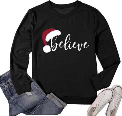RFBIQI عيد الميلاد نعتقد البلوز المرأة لطيف سانتا قبعة الجرافيك البلوز القمم رسالة طباعة كم طويل عادية عطلة قميص in Kuwait