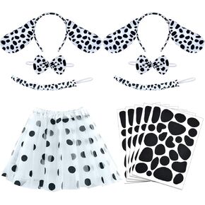 Coopay 12 Pieces Dalmatian Costume Set Spotted Dog Ear Headband, Bow Tie, Tail, Tutu Skirt and Adhesive Felt Stickers Accessories for Halloween Cosplay Costume Dress Up Party Decoration (White Tutu)