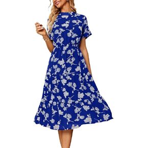 BerryGo Women's Fall Casual Floral Chiffon Flowy High Waist Ruffle Midi Dress Elegant Boho Print Round Neck Beach Midi Dress