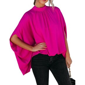 Women's Summer Oversize Blouses Mock Neck Pleated Batwing Sleeve Drape Tunic Dressy Cape Shirt Tops