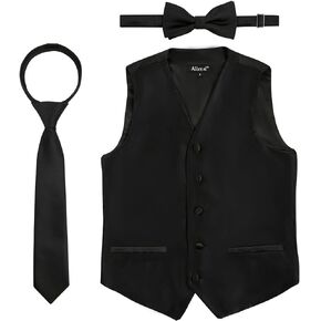 Alizeal Boys Classic Solid Bow Tie, Necktie and Suit Vest Set