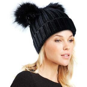 Womens Double Pom Pom Winter Bobble Hat Knitted Faux Fur Detachable Ball Cap in Kuwait