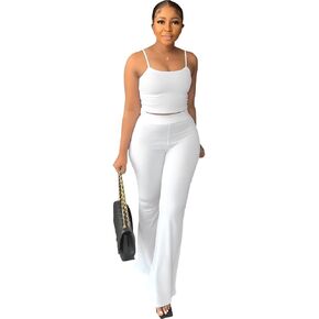 NASUN Women's Casual Two Piece Outfits Sweatsuit Sleeveless Crop Basic top Long Flare Pants Tracksuits 2 Piece Sets