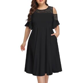 Pinup Fashion Plus Size Cold Shoulder Mesh Neck Wedding Guest Swing Midi Dresses with Pockets