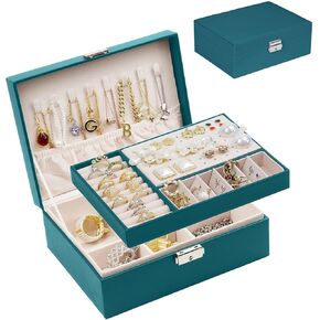 صندوق منظم مجوهرات للنساء والفتيات من سيكارون، حافظة منظم مجوهرات من طبقتين من جلد البولي يوريثين ببطانة ناعمة مع قفل للخواتم والاقراط والقلائد والاساور، اخضر in Kuwait