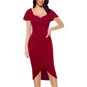 VFSHOW Womens V Neck Cocktail Ruffle Sleeve Wrap Slit Ruched Party Midi Dress Bodycon Work Business Sheath Pencil Dress