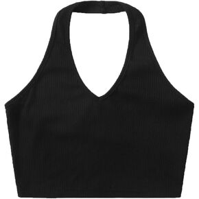 Verdusa Women's Basic Sleeveless Open Back Slim Fitted Ribbed Crop Halter Top